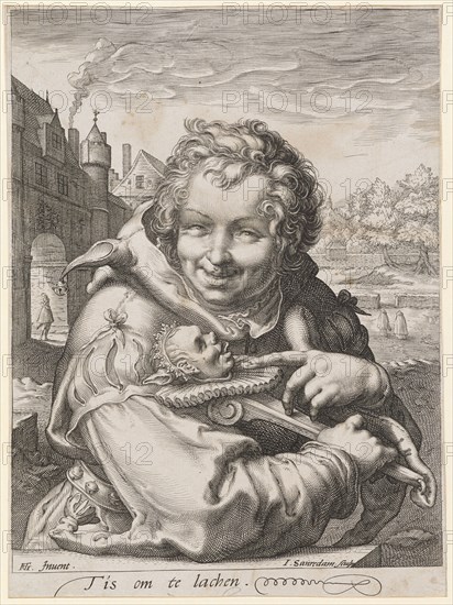 The Fool, c. 1595-1600, copperplate engraving, sheet: 24.3 x 17.9 cm (trimmed at the edge of the plate), U. l., designated HG., [lig.] Inuent ., u, ., M.r .: I. Sanredam sculp, under the image field: T'is om te laugh., Jan Saenredam, Stecher, Zaandam 1565–1607 Assendelft, Hendrick Goltzius, Inventor, Mühlbrecht 1558–1617 Haarlem
