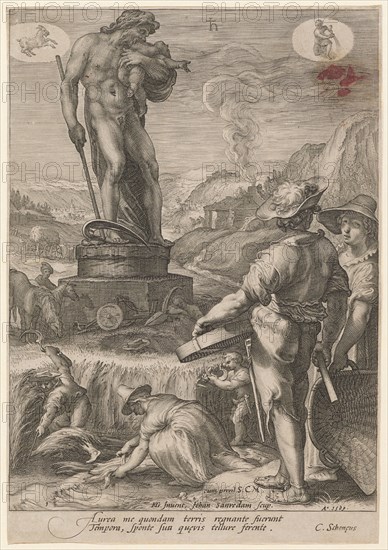 Saturn as Protector of the Agricultural Workers, 1596, copperplate engraving, sheet: 25.1 x 17.4 cm (slightly trimmed within the edge of the plate), U. l., numbered: 1, u, ., M. denotes: cum privil., S.C.M., HG., [lig.] Inuent., Johan Sanredam scup ., u, ., r., dated: 1569 [sic: 1596], inscribed below the image field: Aurea me quondam terris regnante fuerunt, Tempora, sponte sua qu [a] evis tellure ferente., C. Already [a] eus, Jan Saenredam, Stecher, Zaandam 1565–1607 Assendelft, Hendrick Goltzius, Inventor, Mühlbrecht 1558–1617 Haarlem