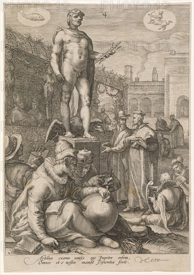 Jupiter as Protector of the Sciences and Arts, 1596, copperplate engraving, sheet: 25.4 x 17.7 cm (trimmed just inside the edge of the plate), U. l., numbered: 2, under the picture field designates: Artibus exorno varys ego Jupiter orbem, Omnis et e nostro, manat sapientia fonte., Jan Saenredam, Stecher, Zaandam 1565–1607 Assendelft, Hendrick Goltzius, Inventor, Mühlbrecht 1558–1617 Haarlem