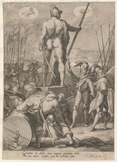 Mars and the Art of War, 1596, copperplate engraving, sheet: 24.6 x 17.5 cm (slightly trimmed within the margin of the plate), U. l., numbered: 3, Cernitur in dubio mea magna potentia bello, Per me mors triftis, per me victoria l [a] eta., Jan Saenredam, Stecher, Zaandam 1565–1607 Assendelft, Hendrick Goltzius, Inventor, Mühlbrecht 1558–1617 Haarlem