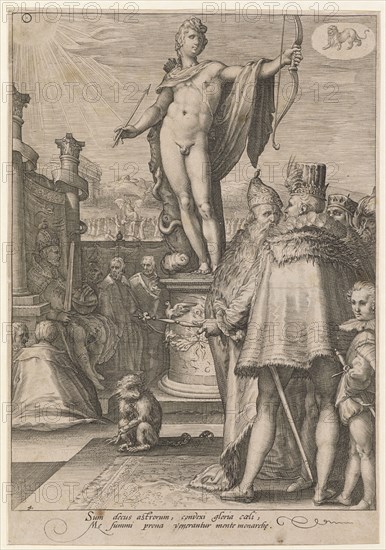 Sol (Apollo) as Protector of the Regents, 1596, copperplate engraving, sheet: 25.4 x 17.6 cm (slightly trimmed within the margin of the plate), U. l., numbered: 4, inscribed under the image field: Sum decus astrorum, convex gloria cœli, Me summi prona venerantur mente monarch [a] e., Jan Saenredam, Stecher, Zaandam 1565–1607 Assendelft, Hendrick Goltzius, Inventor, Mühlbrecht 1558–1617 Haarlem