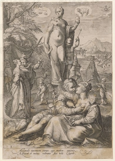 Venus as Protector of the Lovers, 1596, copperplate engraving, sheet: 25.3 x 17.7 cm (trimmed just inside the edge of the plate), U. l., numbered: 5, inscribed under the image field: Accendo iuvenum curas ego mater amoris, A diuvat et natus vibrans sua tela Cupid., Jan Saenredam, Stecher, Zaandam 1565–1607 Assendelft, Hendrick Goltzius, Inventor, Mühlbrecht 1558–1617 Haarlem