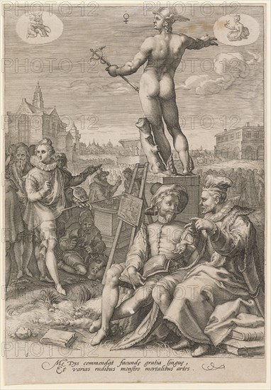 Mercury as protector of commerce and the arts, 1596, copperplate engraving, sheet: 25.5 x 17.7 cm (slightly trimmed within the margin of the plate), U. l., numbered: 6, inscribed under the image field: Me Dys commendat facund [a] e gratia lingu [a] e, Et varias rudibus monstro mortalibus artes., Jan Saenredam, Stecher, Zaandam 1565–1607 Assendelft, Hendrick Goltzius, Inventor, Mühlbrecht 1558–1617 Haarlem