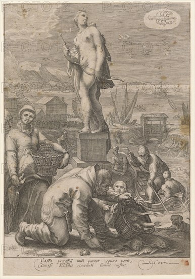 Luna (Diana) as Protector of Hunting and Fishing, 1596, copperplate engraving, sheet: 25.2 x 17.5 cm (slightly trimmed within the margin of the plate), U. l., numbered: 7, inscribed under the image field: Vasta procellosi mihi parent [a] equora ponti, Diversely stable renovanti lumine cursus., Jan Saenredam, Stecher, Zaandam 1565–1607 Assendelft, Hendrick Goltzius, Inventor, Mühlbrecht 1558–1617 Haarlem
