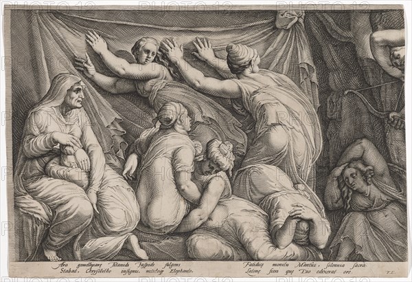 The punishment of Niobe (first plate), 1594, copperplate engraving, sheet: 26.2 x 38.4 cm (trimmed within the edge of the plate), inscribed under the image field: Ara gemellipar [a] e Titanidi Iaspide fulgens, Stabat, Chrysolitho insignis, nitidoq [ue], Elephanto, Fatidic [a] e monitu Mantus, solennia sacra, Laton [a] e fieri qu [a] e Dio edixerat ore., FE, Jan Saenredam, Stecher, Zaandam 1565–1607 Assendelft, Hendrick Goltzius, Zeichner, Mühlbrecht 1558–1617 Haarlem, Polidoro Caldara, gen. da Caravaggio, Inventor, Caravaggio bei Bergamo um 1499 (?) – 1543 Messina