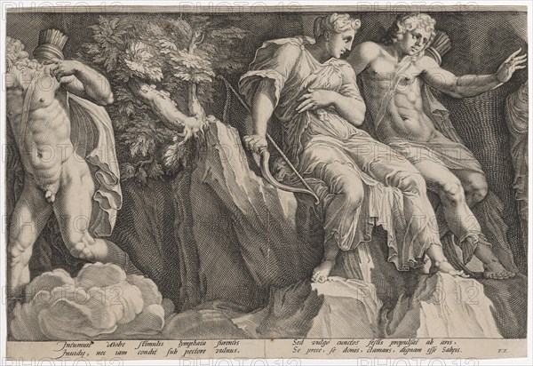 The punishment of Niobe (third plate), 1594, copperplate, sheet: 26.1 x 38.7 cm (trimmed within the edge of the plate), inscribed under the image field: Intumuit Niobe stimulis lymphata furentis, Inuidi [a] e, nec in the condit sub pectore vulnus, Sed vulgo cunctos festis propulsat ab aris, Se prece, se donis, clamans, dignam esse Sab [a] eis, FE, Jan Saenredam, Stecher, Zaandam 1565–1607 Assendelft, Hendrick Goltzius, Zeichner, Mühlbrecht 1558–1617 Haarlem, Polidoro Caldara, gen. da Caravaggio, Inventor, Caravaggio bei Bergamo um 1499 (?) – 1543 Messina