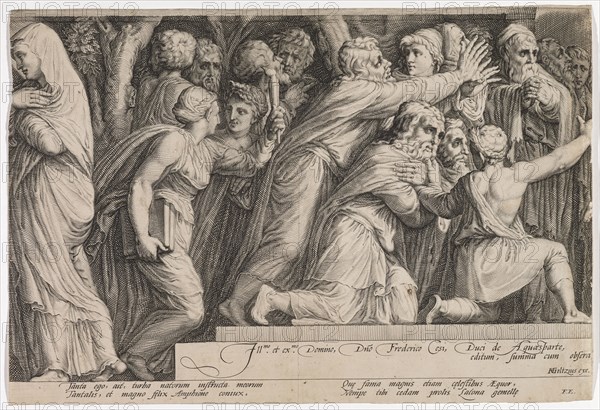 The punishment of Niobe (fourth plate), 1594, copperplate engraving, sheet: 26.2 x 38.9 cm (trimmed within the plate margin), U. inscribed in the cartouche: Ill.mo et ex.mo Domino, D [omi] no Frederico Cesi, Duci de Aquæsparte, editum summa cum obsera, below: HGoltzius [HG lig.] exe ., under the picture field: Tanta ego, ait, turba natorum instructa meorum, Tantalis, et magno f [a] elix Amphione coniux, Qu [a] e fama magnis etiam c [a] elestibus quor, Nempe tibi cedam prolis Latona gemell [a, ] e, FE, Jan Saenredam, Stecher, Zaandam 1565–1607 Assendelft, Hendrick Goltzius, Zeichner, Mühlbrecht 1558–1617 Haarlem, Polidoro Caldara, gen. da Caravaggio, Inventor, Caravaggio bei Bergamo um 1499 (?) – 1543 Messina