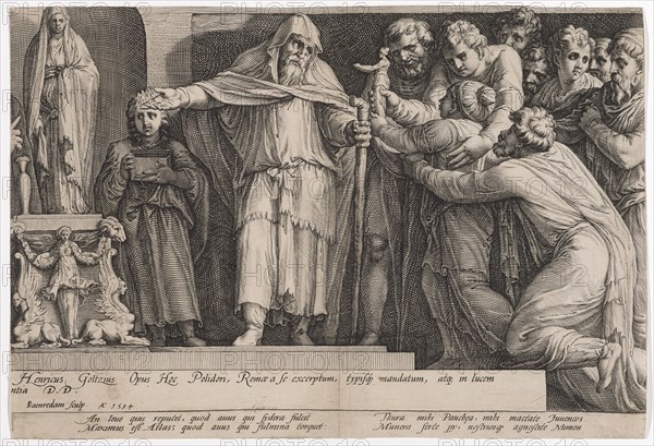 The punishment of Niobe (fifth plate), 1594, copperplate engraving, sheet: 26.2 x 38.5 cm, U. in the cartouche inscribed: Henricus Goltzius Opus Hoc Polidori, Romæ a se excerptum, typisq [ue] mandatum, atq [ue] in lucem, ntia DD, below: ISaenredam [IS lig.] sculp., A ° 1594, under the picture field: An leue quis reputet, quod anus qui sydera fulcit, Maximus est Atlas, quod anus qui fulmina torquet:, Thura mihi Panch [a] ea, mihi mactate Iuuencos, Munera ferte py, nostrunq [ue] agnoscite Numen, Jan Saenredam, Stecher, Zaandam 1565–1607 Assendelft, Hendrick Goltzius, Zeichner, Mühlbrecht 1558–1617 Haarlem, Polidoro Caldara, gen. da Caravaggio, Inventor, Caravaggio bei Bergamo um 1499 (?) – 1543 Messina