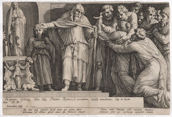 The punishment of Niobe (fifth plate), 1594, copperplate engraving, sheet: 26.2 x 38.5 cm, U. in the cartouche inscribed: Henricus Goltzius Opus Hoc Polidori, Romæ a se excerptum, typisq [ue] mandatum, atq [ue] in lucem, ntia DD, below: ISaenredam [IS lig.] sculp., A ° 1594, under the picture field: An leue quis reputet, quod anus qui sydera fulcit, Maximus est Atlas, quod anus qui fulmina torquet:, Thura mihi Panch [a] ea, mihi mactate Iuuencos, Munera ferte py, nostrunq [ue] agnoscite Numen, Jan Saenredam, Stecher, Zaandam 1565–1607 Assendelft, Hendrick Goltzius, Zeichner, Mühlbrecht 1558–1617 Haarlem, Polidoro Caldara, gen. da Caravaggio, Inventor, Caravaggio bei Bergamo um 1499 (?) – 1543 Messina