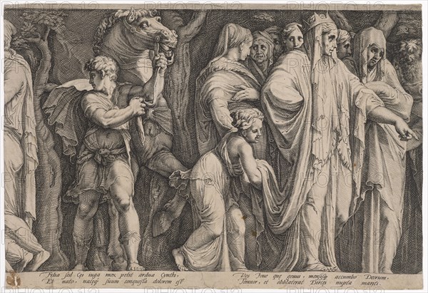 The punishment of Niobe (sixth plate), 1594, copperplate engraving, sheet: 26.1 x 38.5 cm (trimmed within the edge of the plate), inscribed under the image field: Filia sed c [a] ei iuga mox petit ardua cynthi, Et nato, nat [, a] eq [ue] suum conquesta dolorem est, Vos Ioue qu [a] e genui, mensisq [ue] accumbo Deorum, Temnor, et obblaterat Dirc [a] egg nupta mariti., Jan Saenredam, Stecher, Zaandam 1565–1607 Assendelft, Hendrick Goltzius, Zeichner, Mühlbrecht 1558–1617 Haarlem, Polidoro Caldara, gen. da Caravaggio, Inventor, Caravaggio bei Bergamo um 1499 (?) – 1543 Messina