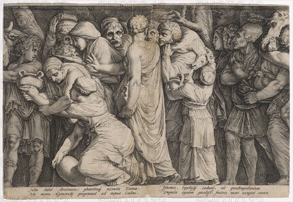 The punishment of Niobe (seventh plate), 1594, copperplate engraving, sheet: 26.4 x 38.5 cm (trimmed within the edge of the plate), inscribed below the image field: Non tulit Arcitenens, pharetraq [ue] acciucta Diana, Nec mora, Agenorid [a] e properant ad m [a] onia cadmi, Ismenos, Sipylusq [ue] cadunt, nil quadrupedantum, Vngula equum prodest, fratres mors occupat omnes., Jan Saenredam, Stecher, Zaandam 1565–1607 Assendelft, Hendrick Goltzius, Zeichner, Mühlbrecht 1558–1617 Haarlem, Polidoro Caldara, gen. da Caravaggio, Inventor, Caravaggio bei Bergamo um 1499 (?) – 1543 Messina