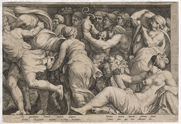 The punishment of Niobe (eighth plate), 1594, copperplate engraving, sheet: 26.3 x 38.5 cm (trimmed within the margin of the plate), inscribed under the image field: Ara gemellipar [a] e Titanidi Iaspide fulgens, Stabat, Chrysolitho insignis nitidoq [ue] Elephanto, Fatidic [a] e monitu Mantus, solennia sacra, Laton [a] e fiere qu [a] e Dio edixerat ore., [sic: wrong way with the text from plate one], Jan Saenredam, Stecher, Zaandam 1565–1607 Assendelft, Hendrick Goltzius, Zeichner, Mühlbrecht 1558–1617 Haarlem, Polidoro Caldara, gen. da Caravaggio, Inventor, Caravaggio bei Bergamo um 1499 (?) – 1543 Messina