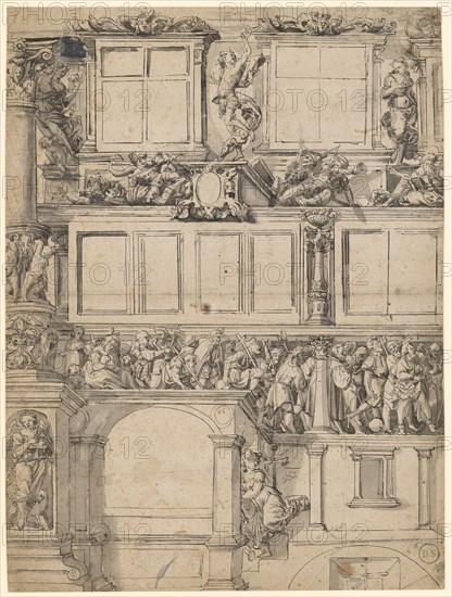 Design for a Façade Painting with Resurrection of Christ, Train of the Faithful, Faith, Love, Hope and Fleeing Justice, c. 1560 or Later, Pen in Black, Gray Washed, Completely Drawn, Journal: 41.6 x 31.1 cm, U. r., monogrammed next to Justitia with pen in gray: TS [lig.], Tobias Stimmer, Schaffhausen 1539–1584 Strassburg