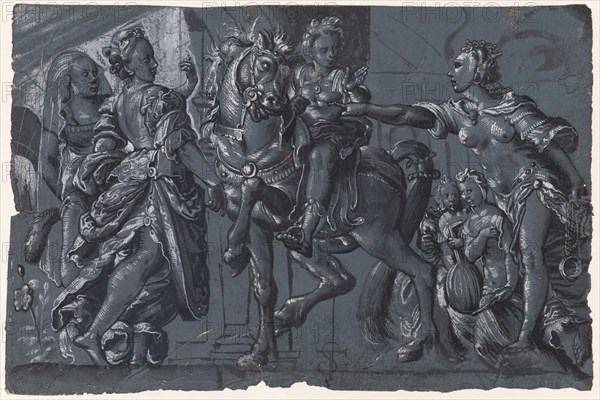 A rider at the crossroads, feather in black and dark gray, gray washed, heightened in white, on gray-blue primed paper, sheet: 20.1 x 30.4 cm, U. M. monogrammed with a brush in gray: TS [lig.], Tobias Stimmer, (Kopie nach / copy after), Schaffhausen 1539–1584 Strassburg