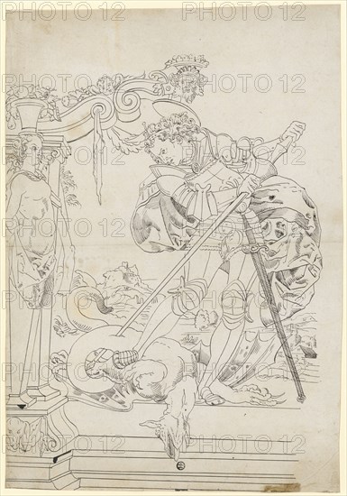 Slice tear with St. George, feather in black, sheet: 42.2 x 29.4 cm, not marked, Tobias Stimmer, (Kopie nach / copy after), Schaffhausen 1539–1584 Strassburg, Gideon Stimmer, (?), Schaffhausen 1545 - 1581 oder 1582 Schaffhausen