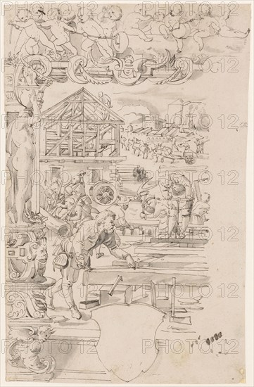 Broken glass with carpenter, feather in dark gray, gray wash, sheet: 31.9 x 20.2 cm, not marked, Tobias Stimmer, (Kopie nach / copy after), Schaffhausen 1539–1584 Strassburg