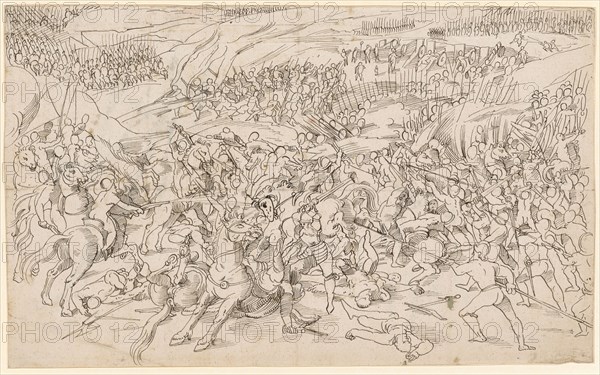Battle scene between cavalry and infantry, feather in black, Leaf: 20.2 x 32.5 cm, Unmarked, Tobias Stimmer, (Umkreis / circle), Schaffhausen 1539–1584 Strassburg