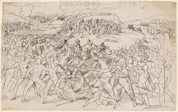 Battle scene between naked infantry and cavalry, feather in black, Leaf: 20.2 x 32.7 cm, Unmarked, Tobias Stimmer, (Umkreis / circle), Schaffhausen 1539–1584 Strassburg