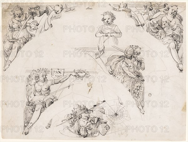Drafts for corner paintings with Prudentia, Pax, Minerva and Patientia and ugly pair of fools, 1580/90, pen in black, remains of a preliminary drawing with black pencil, sheet: 31.4, 31.9 x 42.4 cm, inscribed in the picture: PAX, PICTOR, Tobias Stimmer, (Umkreis / circle), Schaffhausen 1539–1584 Strassburg, Orpheus-Meister, (?)