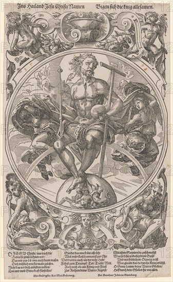 Christ as Judge of the World, c. 1580, woodcut, picture: 31.6 x 21.5 cm |, Leaf: 36.6 x 22.1 cm, O. l., inscribed: In Hailand Jesus Christ's name, o. r .: Do the little ones take their names ., under the picture: O Jesus Christ, only after you, we have so much to crave, that we scarcely masen from lid vns, lend to you comforting vns., Not that we make you wave, Dan who wolt Gotes force?, Special, therefore, the vns is very fervent, because our Flaisch takes the name of Ehr:, And darinn also, as the right hero, leading to triumph, death, devil, world., Even as a king and prince, At the right hand of your father's regirst, Thrown with iron treats there, Which here oppresses the gaist, Comforting with a sweet olive twig, That which you believe redeem through the cross., O God's Lamb, your father's fall;, Help by your falling in with all of us ., u, ., l .: With Gnaedigster Kai: Maie Liberation.;, u., r .: With Bernhart Jobin to Strasburg., Tobias Stimmer, Schaffhausen 1539–1584 Strassburg...