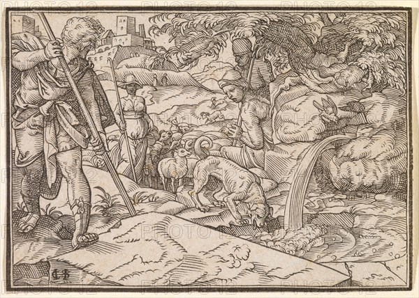 Jacob soaks the sheep of Rachel (Gen. 29), 1576, woodcut, without frame, without text, image: 6 x 8.5 cm, U. l., monogrammed: I [lig., = Johann Christoffel tuner], knife sign, Tobias Stimmer, Schaffhausen 1539–1584 Strassburg, Hans Christoffel Stimmer, Formschneider, 1549 – nach 1578