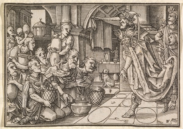 The brothers of Joseph bring him gifts (Gen. 43), 1576, woodcut, without frame, without text, image: 5.9 x 8.3 cm, Monogrammed in the M.: TS [lig.], u, ., r .: BI [lig., = Bernhard Jobin], Tobias Stimmer, Schaffhausen 1539–1584 Strassburg, Bernhard Jobin, Formschneider, vor 1545 - 1593