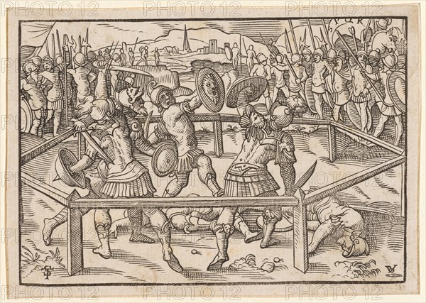 Battle of the Horatians against the Curatians, 1574, woodcut, without framing, picture: 7.3 x 10.6 cm |, Leaf: 7.9 x 11.2 cm, U. l., monogrammed: TS [lig.], u, ., r .: BI [lig., = Bernhard Jobin], knife signet, Tobias Stimmer, Schaffhausen 1539–1584 Strassburg, Bernhard Jobin, Formschneider, vor 1545 - 1593