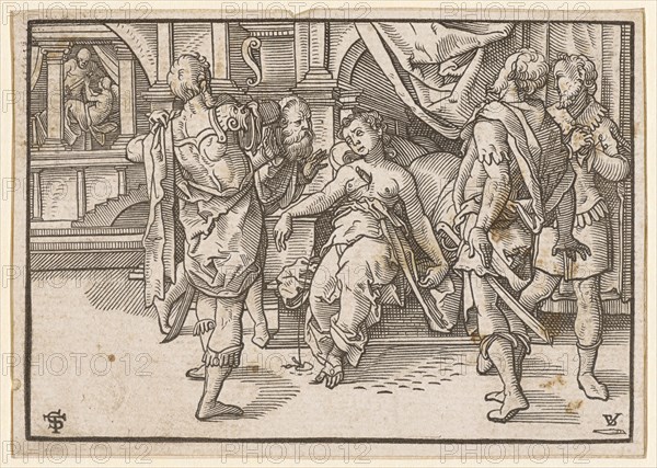 Suicide of the Lucretia, 1574, woodcut, without framing, picture: 7.3 x 10.5 cm |, Leaf: 7.7 x 10.9 cm, U. l., monogrammed: TS [lig.], u, ., r .: BI [lig., = Bernhard Jobin], knife signet, Tobias Stimmer, Schaffhausen 1539–1584 Strassburg, Bernhard Jobin, Formschneider, vor 1545 - 1593