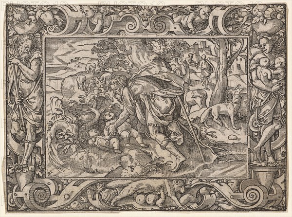 Faustulus finds the boys Romulus and Remus, 1574, woodcut, image: 10.7 x 14.6 cm, U. l., monogrammed: BI [lig., = Bernhard Jobin], knife signet, u, ., M .: TS [lig.], Tobias Stimmer, Schaffhausen 1539–1584 Strassburg, Bernhard Jobin, Formschneider, vor 1545 - 1593