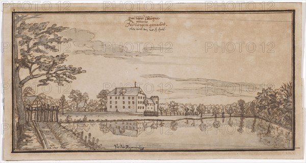 View of the moated castle Öttlingen, also called Friedlingen, 1649, feather in brown, light blue watercolored, leaf: 15.7 x 29.9 cm, O. M. with pen in brown inscribed: the castle Ottlingen., anjezo [?], Fridlingen, including pen in black: Ano 1650. the 25th Aprill ., u, ., l, ., monogrammed and dated in black with pen: J. JA., [YES]. 1649 Maio, u, ., M. marked with pen in black: Before the repair ., including monogrammed and dated in gray with feather [faded]: J A 1648. in Maijo, Johann Jakob Arhardt, Durlach 1613–1674 Strassburg