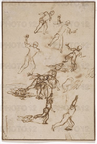 Sketch sheet with studies on the subject of Tobias frightens before the fish, 1st third of the 17th century, feather in brown, fully laminated, page: 17.7 x 11.8 cm, unsigned, Jan Pynas, (zugeschrieben / attributed to), Alkmaar 1582-1631 Amsterdam