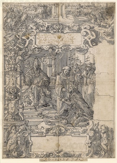 Slice tear with Emperor Henry VII, who receives the communion, in the upper picture battle scene, 1578, pen in black, gray washed, trimmed at the bottom, sheet: 42 42.8 x 30.7 cm |, Image: 41.6 x 29.9 cm, O. inscribed in the cartouche with feather in brown: Anno Dusend drauerundertt Eight, was Henry to the Keyser power, The sybent gnent five jar Rigiertt, A keyser dugent rich verziert, By gifft of Bapst sin life ends /, From a Monk in the Sacrament ., u, ., Monogrammed and dated in black with pen: D. L. 1578, Daniel Lindtmayer d. J., Schaffhausen 1552–1603 Stans