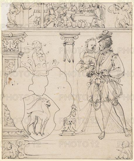 Broken glass with running pair of lovers and the coat of arms Keller zum Steinbock, in the upper picture wedding to Kanaa, feather in black, sheet: 39.3 x 32.9 cm, color information, Tobias Stimmer, (Umkreis / circle), Schaffhausen 1539–1584 Strassburg, Christoph Murer, (?), Zürich 1558–1614 Winterthur