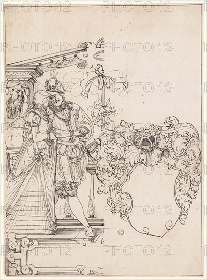 Cracked disc with walking pair of lovers and blank blazon, feather in black, sheet: 34.6 x 25.4 cm |, Image: 34 x 25.9 cm, Not marked, Tobias Stimmer, (Umkreis / circle), Schaffhausen 1539–1584 Strassburg, Anonym, Schweiz (Basel), 16. Jh., (?)