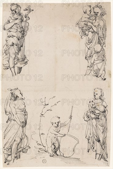 Designs for flanking figures with Fides, Caritas, Patientia, Spes and Putto with empty escutcheon, feather in black, traces of a preliminary drawing with black pencil, Journal: 29.3 x 19.1 cm /19.7 cm, Not indicated, Tobias Stimmer, (Umkreis / circle), Schaffhausen 1539–1584 Strassburg