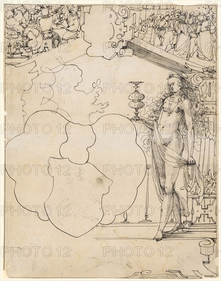 Broken glass with naked girl and not executed coat of arms (to Rhine?), In the upper pictures Trinkgelage and ball, feather in black, remains of a preliminary drawing with black pencil, sheet: 41.1 x 32.3 cm |, Image: 40.8 x 31.8 cm, Not marked, Anonym, Schweiz (Basel), 16. Jh., Tobias Stimmer, (Umkreis / circle), Schaffhausen 1539–1584 Strassburg