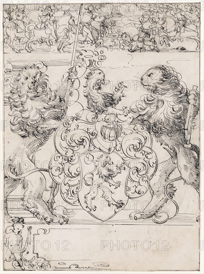 Slice rupture with two lions as shield holders and lion coat of arms, in the Oberbild riding battle, feather in black, remains of a preliminary drawing with black pencil, sheet: 43 x 31.8 cm, unmarked, Anonym, Schweiz (Basel), 16. Jh.