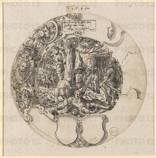 Broken window in the circle with Joshua, who hangs the five Amonite kings, including two empty escutcheons, 1585, feather in black, gray washed, cut out, glued on to backing paper, sheet: 23.3 x 22.3 cm, O. M. dated: 1585, o. in the cartouche inscribed: The sun run keeps the, faithful zeal., IOSVAE., X. Capitel, Daniel Lindtmayer d. J., (Art / style of), Schaffhausen 1552–1603 Stans, Tobias Stimmer, (Kopie nach / copy after), Schaffhausen 1539–1584 Strassburg