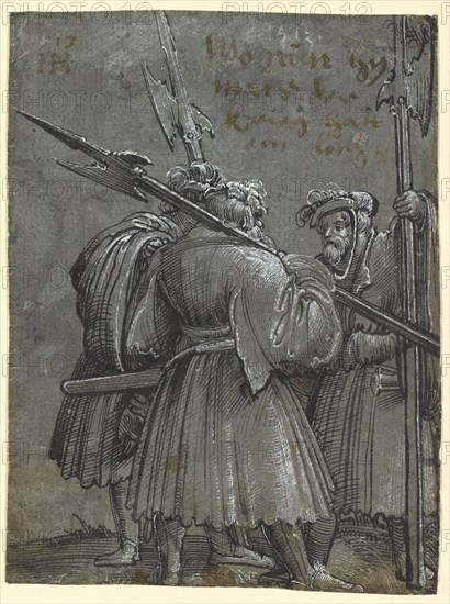 Three Landsknechts in Entertainment (Three Night Watchmen), 1513, feather in black, heightened with white, on blue gray primed paper, mounted on cardboard, folia: 10.3 x 7.8 cm, O. l., dated with pen in brown and monogrammed: 1513, HH [lig.,?], o. r., dated with brush in white: 1513, Albrecht Altdorfer, um 1480–1538 Regensburg