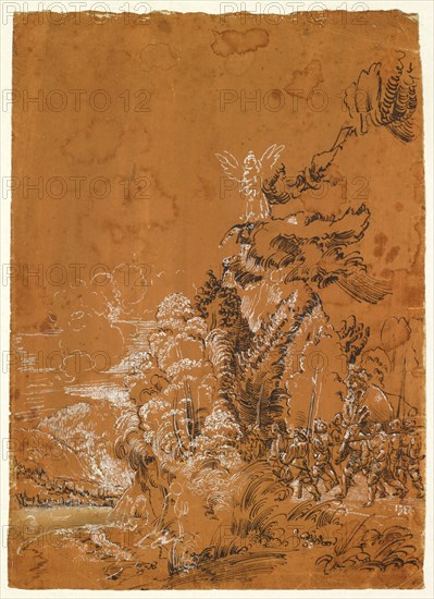 Forest landscape with angel and mercenaries (Christ on the Mount of Olives), feather in black, heightened in white, on brown-orange primed paper, foliage: 22.5 x 16.2 cm, unmarked, Albrecht Altdorfer, (Umkreis / circle), um 1480–1538 Regensburg