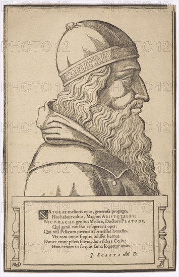 Breast portrait of Aristotle, 1549, woodcut, leaf: 34.7 x 22.6 cm, U. l., monogrammed: RHMD [lig.], u, ., M. designated: NATURAE melioris opus, generosa propago, Hos habuit vultus, Magnus A R I S T O T E L E S, N I C O M A C H O genitus Medico, Doctore P L A T O N E, Qui genii cunctas exsuperavit opes:, Qui nisi Pellaeum juvenem formasset honesto, Vix tota unius sceptra tulisset humus., Donec erunt pisces fluviis, dum fidera coelo, Hunc etiam in scriptis fama loquetur anus., J. S C R E T A, M D., Hans Rudolf Manuel gen. Deutsch, Erlach/Bern 1525–1571 Morges/Waadt