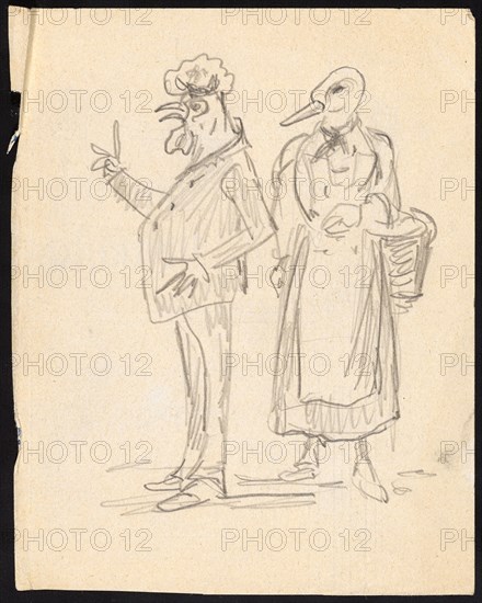 Caricature of a Married Couple: Man with Rooster Head and Woman with Duck Head, Pencil, Sheet: 13.9 x 10.9 cm, Unmarked, Paul Franz Otto, 1839–1927