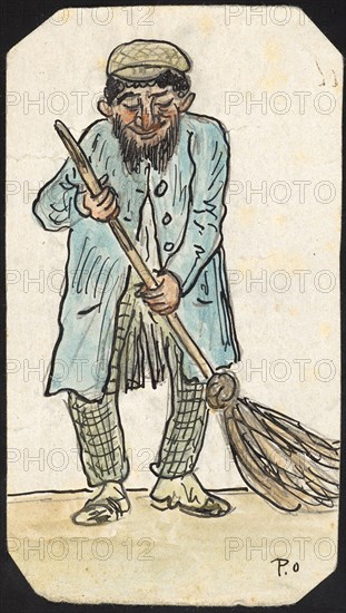 Man with Broom, Pencil, Feather in Black, Colored Pencil, Sheet: 13.9 x 10.9 cm, U. r., signed with pen in black: P. O, Paul Franz Otto, 1839–1927