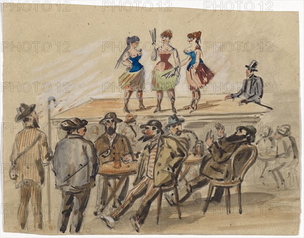 Three women present themselves on a stage, in front of them men at beer tables, 1882, pencil, watercolor, sheet: 17 x 21.8 cm, on the back o. R., inscribed in pencil: ... [illegible], including dated: Aug. 1882, Paul Franz Otto, 1839–1927