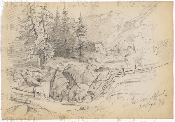 Mountain valley with river, rocks, fir trees and a bridge (recto), woman in traditional clothes holding a platter (verso), 1874, pencil (recto), Colored pencil, pencil (verso), sheet: 18.9 x 27.5 cm, recto u., r., inscribed and dated in pencil: ... [illegible], 20 Sept.74, verso: u., M. marked with colored pencil in blue: ... [illegible], Paul Franz Otto, 1839–1927