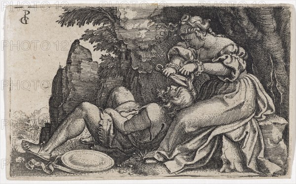 Samson and Delilah, 1531/32, copperplate engraving, sheet: 5 x 8 cm, O. l., monogrammed: GP [ligated], Georg Pencz, Nürnberg um 1500–1550 Leipzig