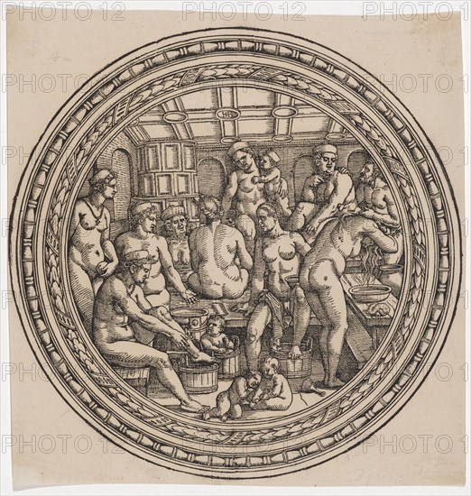 The Frauenbad, 1530/40, woodcut, sheet: 30.5 x 30 cm |, Image: 29.5 cm (diameter), O. M monogrammed: HSB [lig.], Sebald Beham, Nürnberg 1500–1550 Frankfurt a.M.