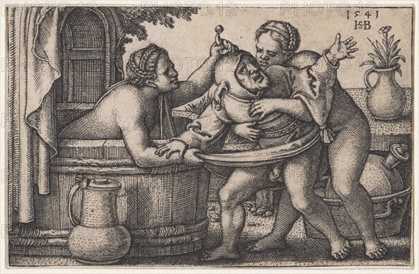 Women and Fool in the Bathhouse, 1541, copperplate engraving, II. Condition, sheet 4.5 x 6.9 cm, O. r., dated and monogrammed: 1541, HSB [lig.], Sebald Beham, Nürnberg 1500–1550 Frankfurt a.M.