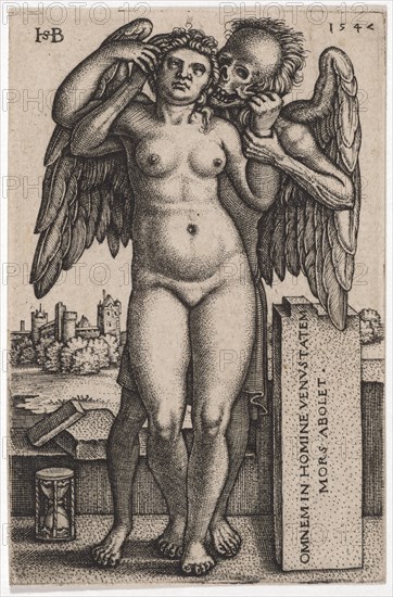 Death and Girl, 1547, copperplate engraving, II, folia: 7.5 x 4.9 cm, O. l., monogrammed: HSB [lig.], o. r., dated: 1547, u, ., r., designated: OMNEM IN HOMINE VENVSTATEM, MORS ABOLET., Sebald Beham, Nürnberg 1500–1550 Frankfurt a.M.