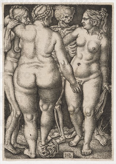 Three Women and Death, c. 1546/50, copperplate engraving, II. Condition, folia: 8 x 5.7 cm, signed monogram: HSB [lig.], Sebald Beham, Nürnberg 1500–1550 Frankfurt a.M.